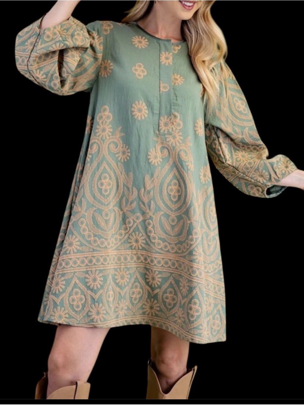 Boho Embroidered Sage Green Shift Dress - Picture 1 of 7